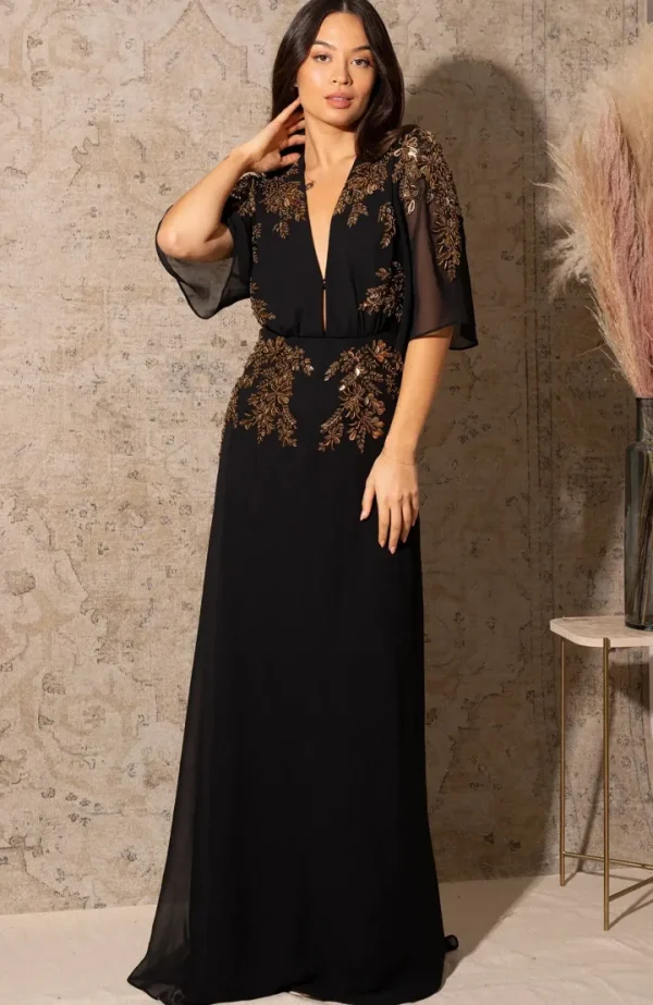 Hope & Ivy Occasionwear<The Shay Plunge Front Maxi Dress (Black)