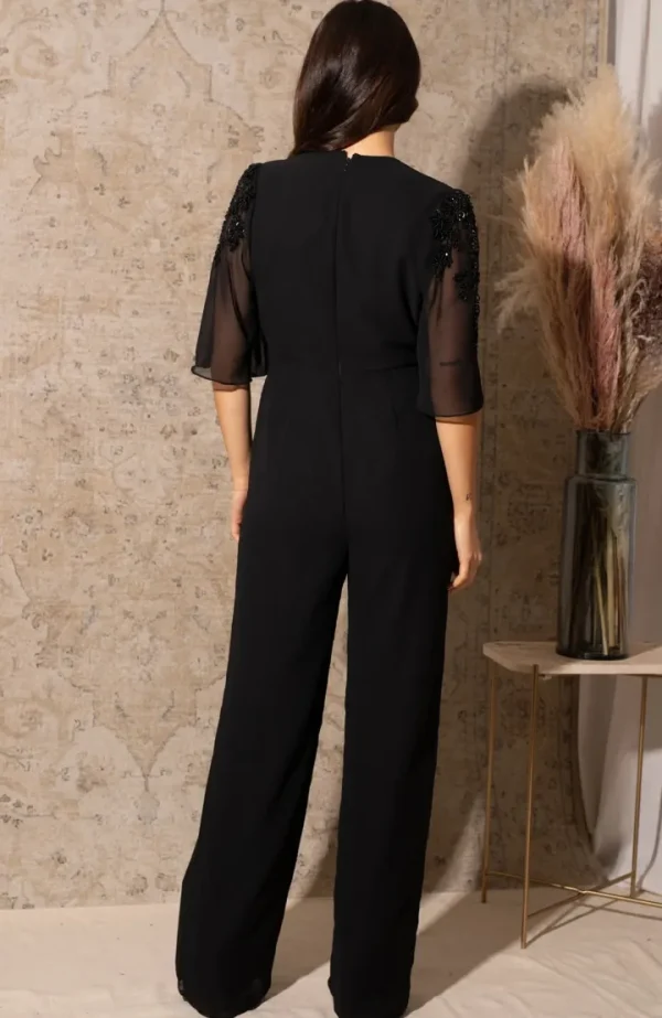 Hope & Ivy Jumpsuits<The Zoey Plunge Front Embellished Jumpsuit (Black)