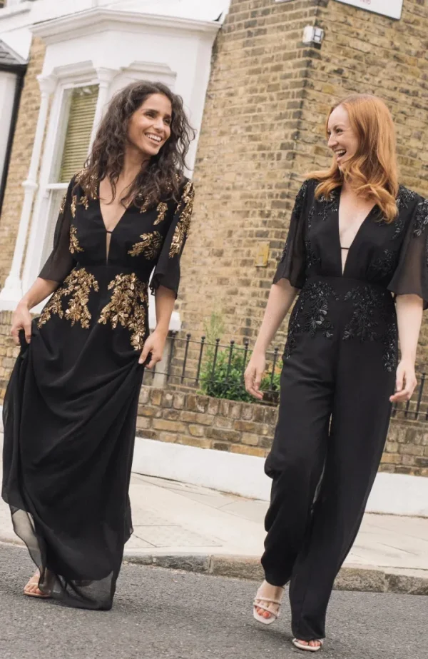 Hope & Ivy Jumpsuits<The Zoey Plunge Front Embellished Jumpsuit (Black)