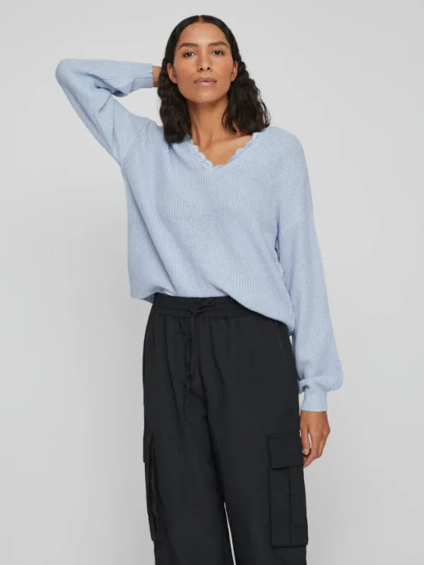 Vila Jumpers & Cardigans<Viena V-Neck Lace Top (Blue Kentucky)